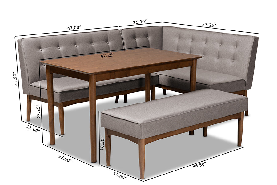 Baxton Studio Arvid Mid-Century Modern Gray Fabric Upholstered 4-Piece Wood Dining Nook Set