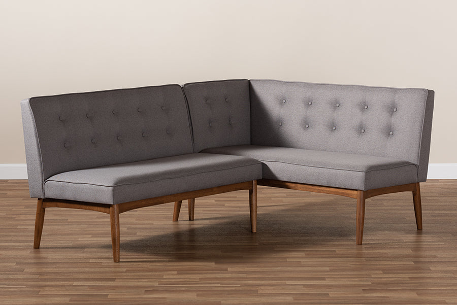 Baxton Studio Arvid Mid-Century Modern Gray Fabric Upholstered 2-Piece Wood Dining Nook Banquette Set