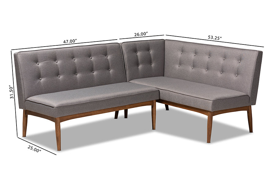 Baxton Studio Arvid Mid-Century Modern Gray Fabric Upholstered 2-Piece Wood Dining Nook Banquette Set