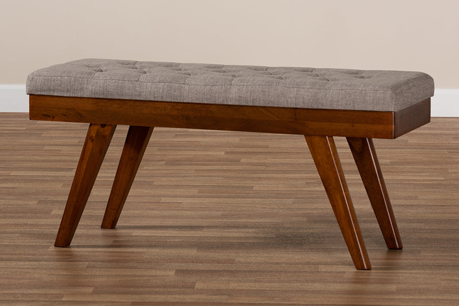 Baxton Studio Alona Mid-Century Modern Light Grey Fabric Upholstered Wood Dining Bench
