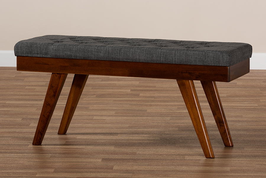 Baxton Studio Alona Mid-Century Modern Medium Grey Fabric Upholstered Wood Dining Bench