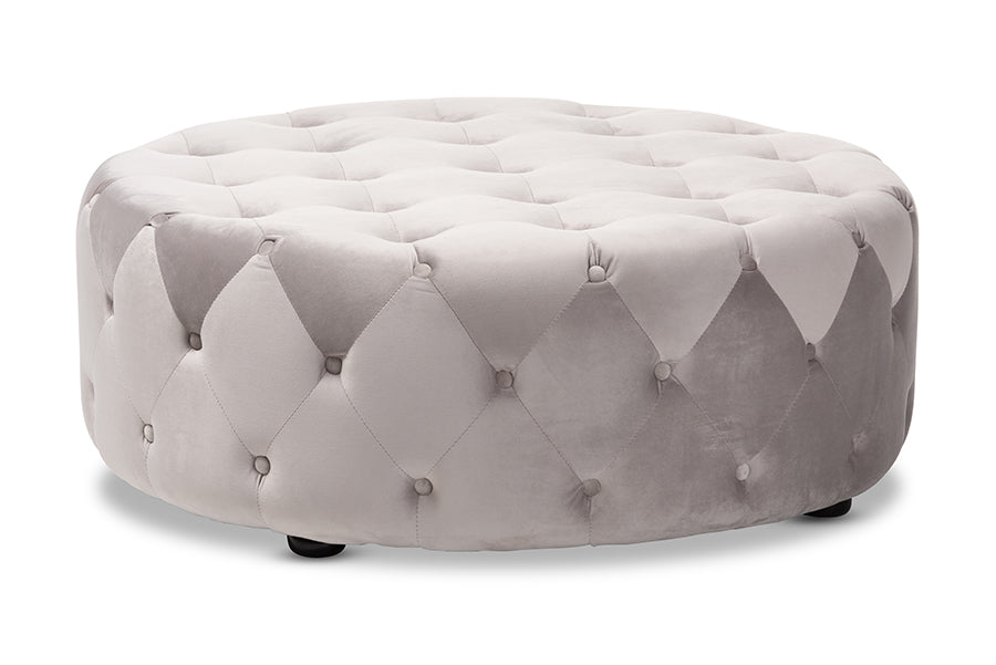 Baxton Studio Cardiff Transitional Grey Velvet Fabric Upholstered Button Tufted Cocktail Ottoman