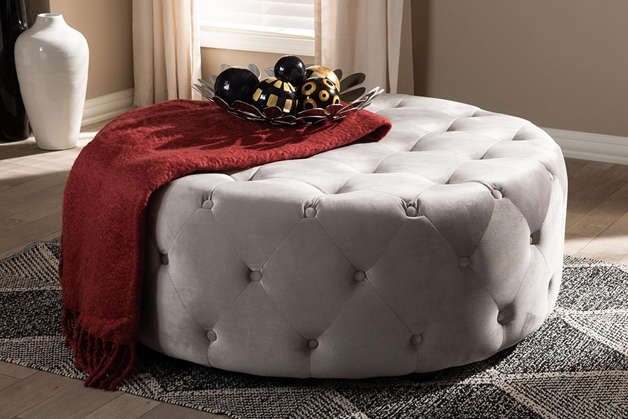 Baxton Studio Cardiff Transitional Grey Velvet Fabric Upholstered Button Tufted Cocktail Ottoman