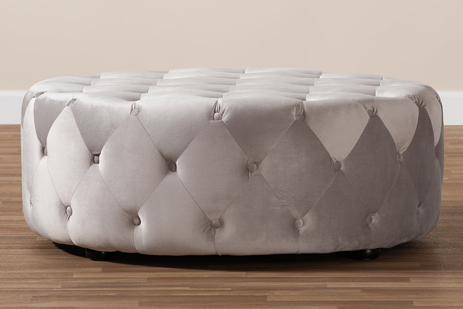 Baxton Studio Cardiff Transitional Grey Velvet Fabric Upholstered Button Tufted Cocktail Ottoman