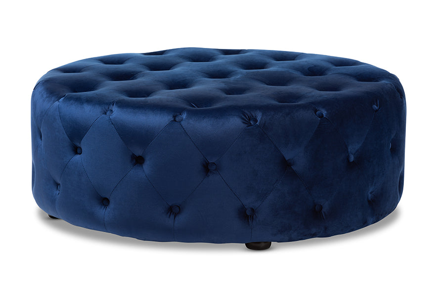 Baxton Studio Cardiff Transitional Royal Blue Velvet Fabric Upholstered Button Tufted Cocktail Ottoman