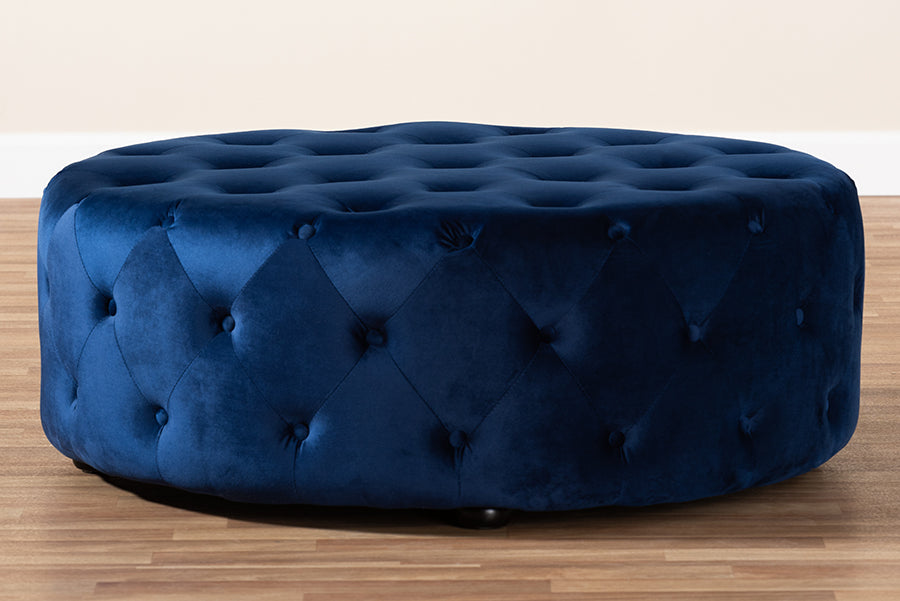 Baxton Studio Cardiff Transitional Royal Blue Velvet Fabric Upholstered Button Tufted Cocktail Ottoman