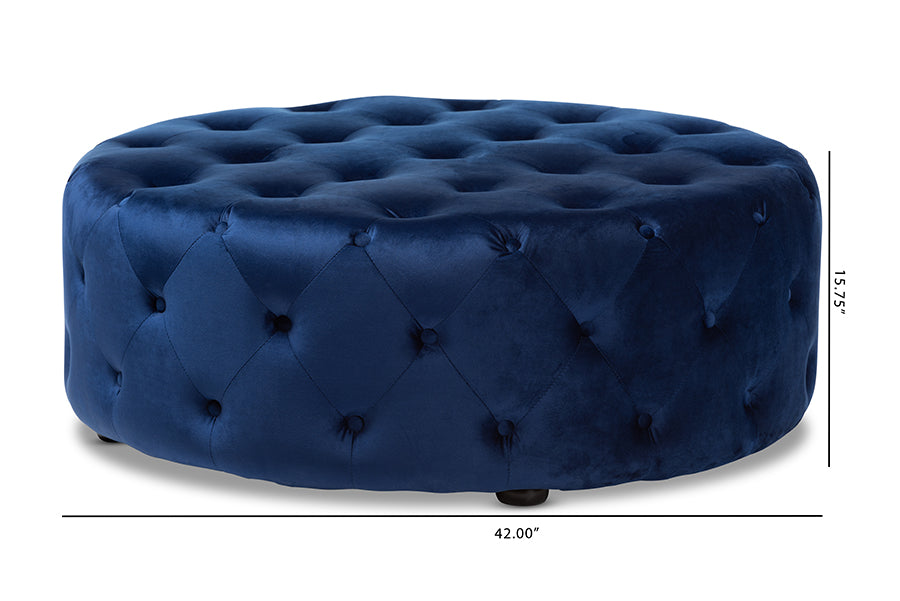 Baxton Studio Cardiff Transitional Royal Blue Velvet Fabric Upholstered Button Tufted Cocktail Ottoman