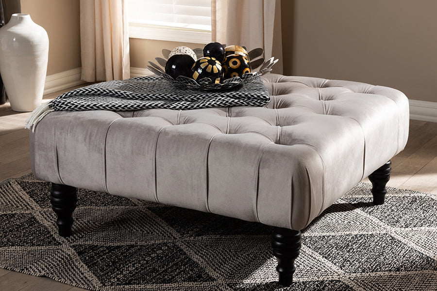 Baxton Studio Keswick Transitional Grey Velvet Fabric Upholstered Button Tufted Cocktail Ottoman
