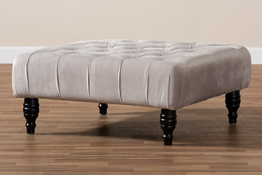 Baxton Studio Keswick Transitional Grey Velvet Fabric Upholstered Button Tufted Cocktail Ottoman