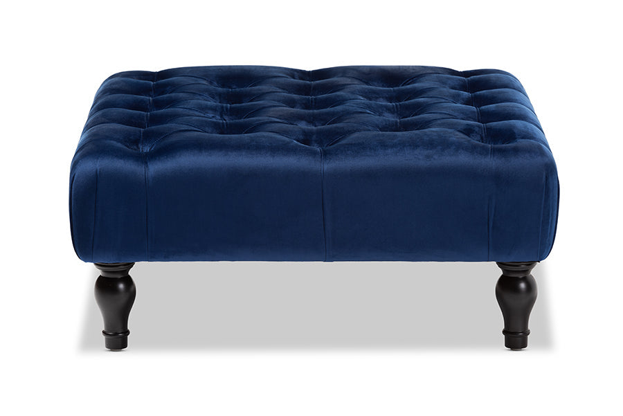 Baxton Studio Keswick Transitional Blue Velvet Fabric Upholstered Button Tufted Cocktail Ottoman