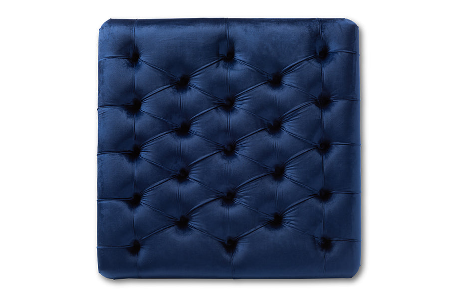 Baxton Studio Keswick Transitional Blue Velvet Fabric Upholstered Button Tufted Cocktail Ottoman