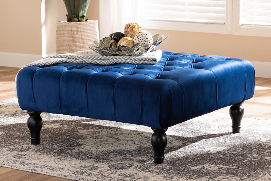 Baxton Studio Keswick Transitional Blue Velvet Fabric Upholstered Button Tufted Cocktail Ottoman