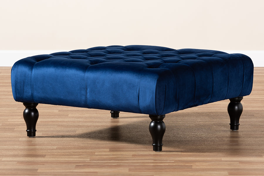 Baxton Studio Keswick Transitional Blue Velvet Fabric Upholstered Button Tufted Cocktail Ottoman