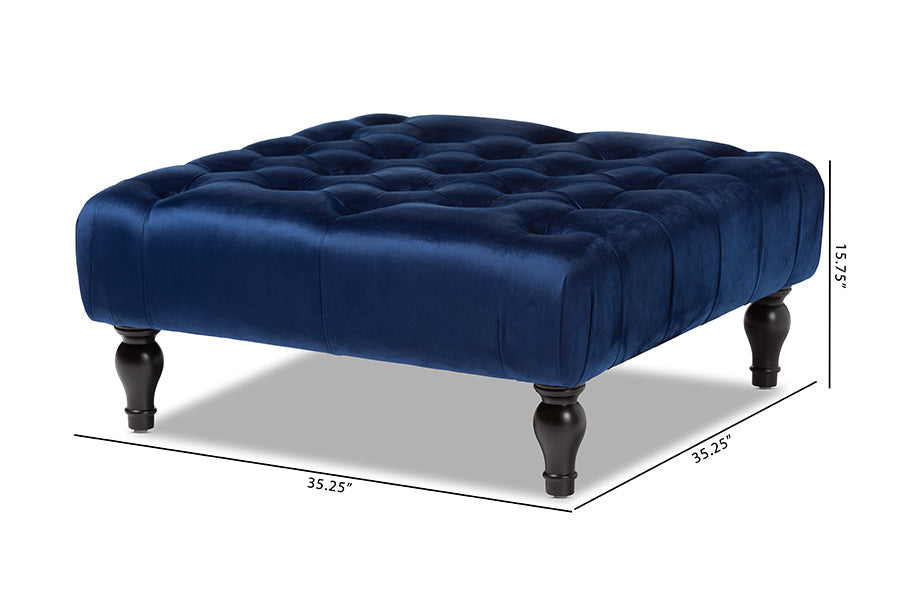Baxton Studio Keswick Transitional Blue Velvet Fabric Upholstered Button Tufted Cocktail Ottoman
