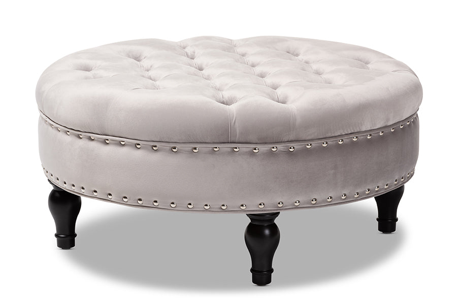 Baxton Studio Palfrey Transitional Grey Velvet Fabric Upholstered Button Tufted Cocktail Ottoman