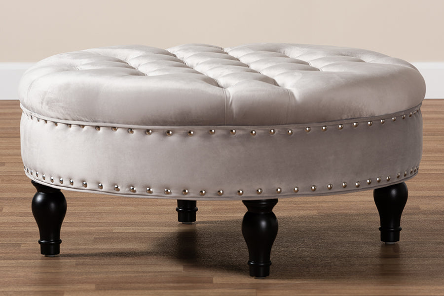 Baxton Studio Palfrey Transitional Grey Velvet Fabric Upholstered Button Tufted Cocktail Ottoman