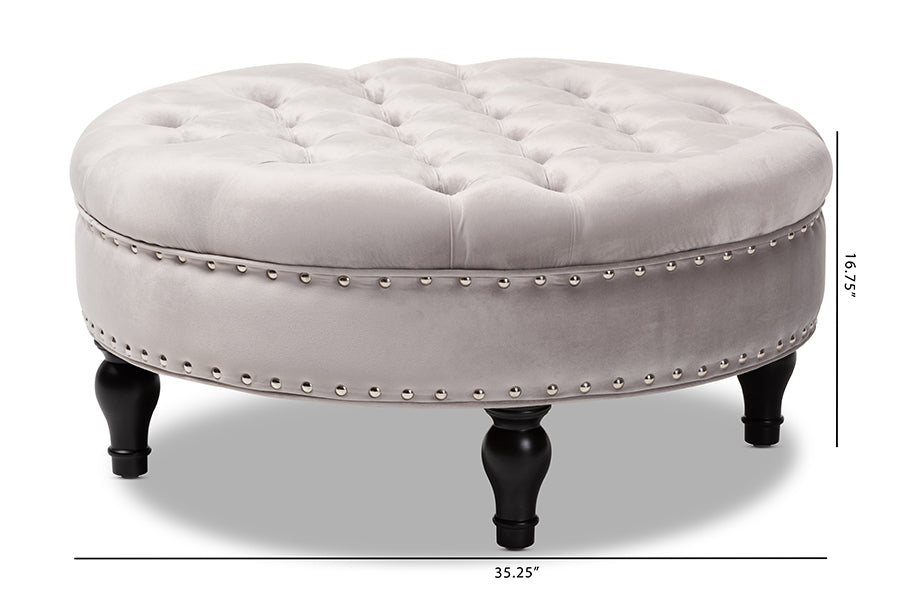 Baxton Studio Palfrey Transitional Grey Velvet Fabric Upholstered Button Tufted Cocktail Ottoman