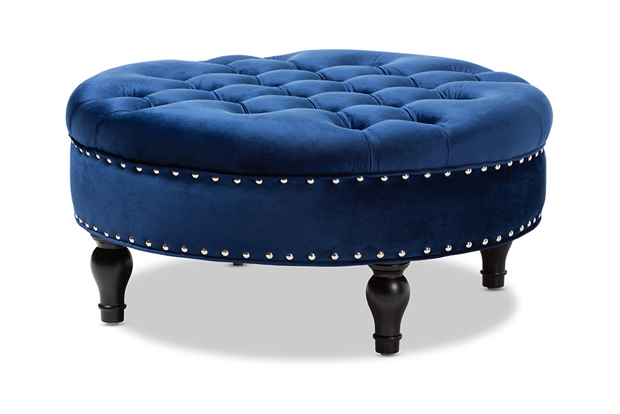 Baxton Studio Palfrey Transitional Blue Velvet Fabric Upholstered Button Tufted Cocktail Ottoman