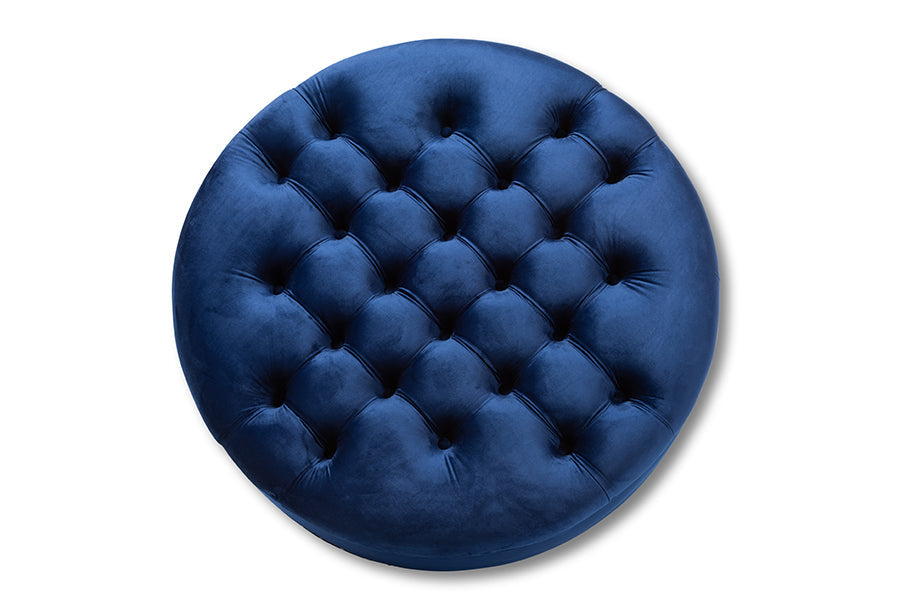 Baxton Studio Palfrey Transitional Blue Velvet Fabric Upholstered Button Tufted Cocktail Ottoman