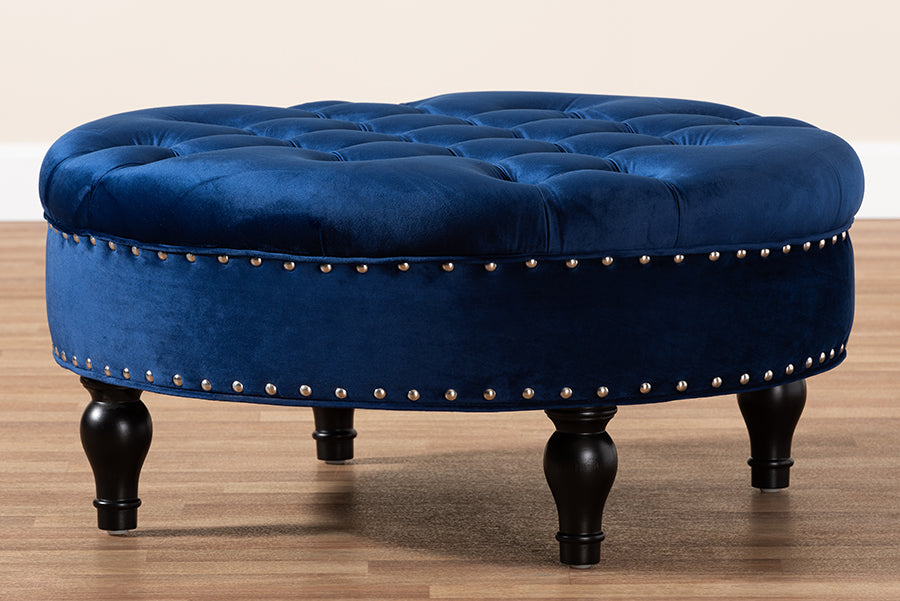 Baxton Studio Palfrey Transitional Blue Velvet Fabric Upholstered Button Tufted Cocktail Ottoman