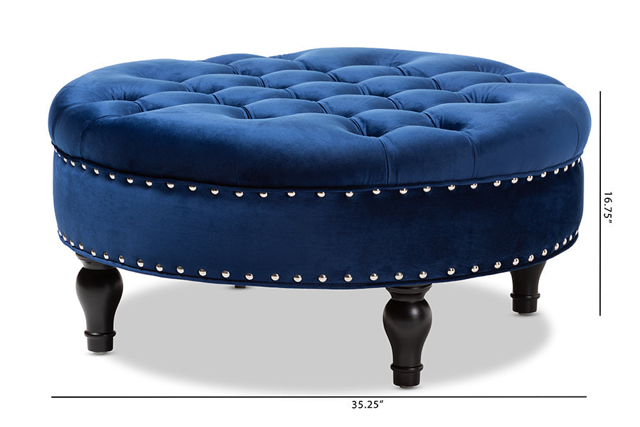 Baxton Studio Palfrey Transitional Blue Velvet Fabric Upholstered Button Tufted Cocktail Ottoman