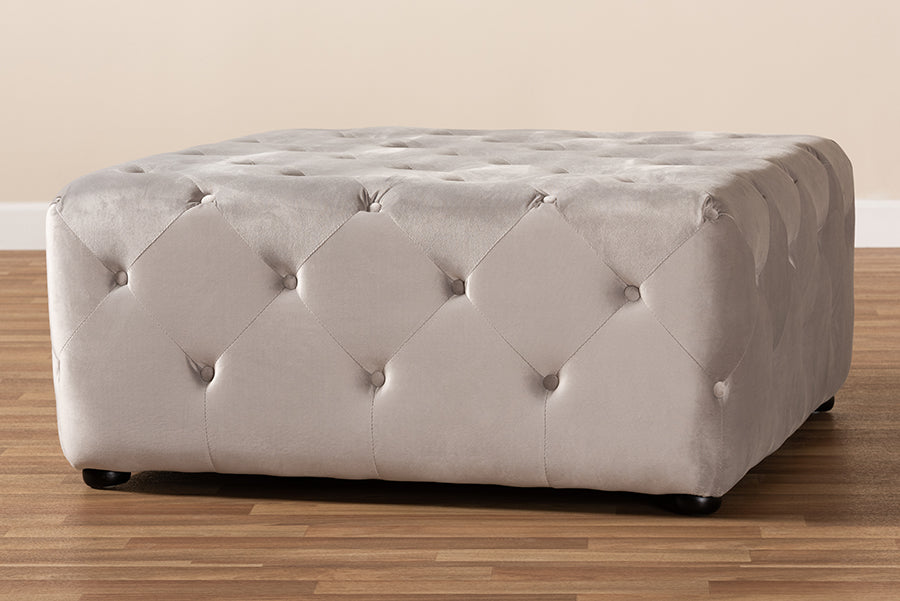 Baxton Studio Calvetti Modern and Contemporary Slate Gray Velvet Fabric Upholstered Button-Tufted Cocktail Ottoman