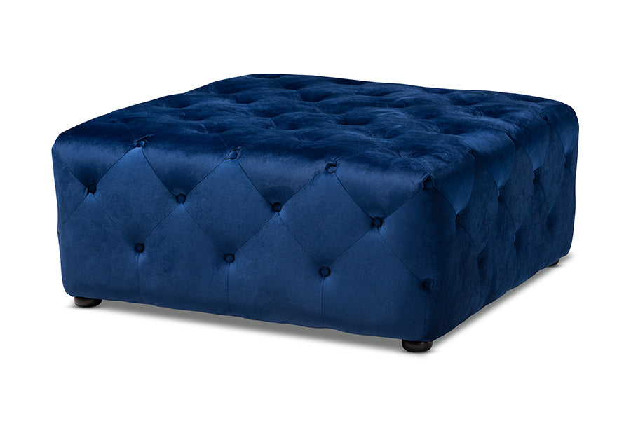 Baxton Studio Calvetti Modern and Contemporary Royal Blue Velvet Fabric Upholstered Button-Tufted Cocktail Ottoman