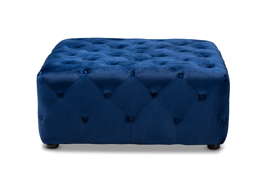 Baxton Studio Calvetti Modern and Contemporary Royal Blue Velvet Fabric Upholstered Button-Tufted Cocktail Ottoman