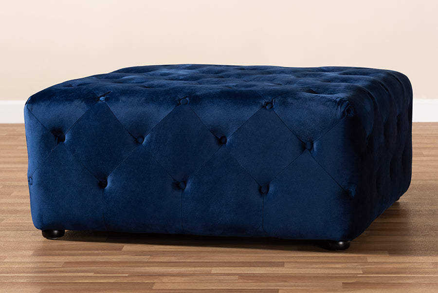 Baxton Studio Calvetti Modern and Contemporary Royal Blue Velvet Fabric Upholstered Button-Tufted Cocktail Ottoman