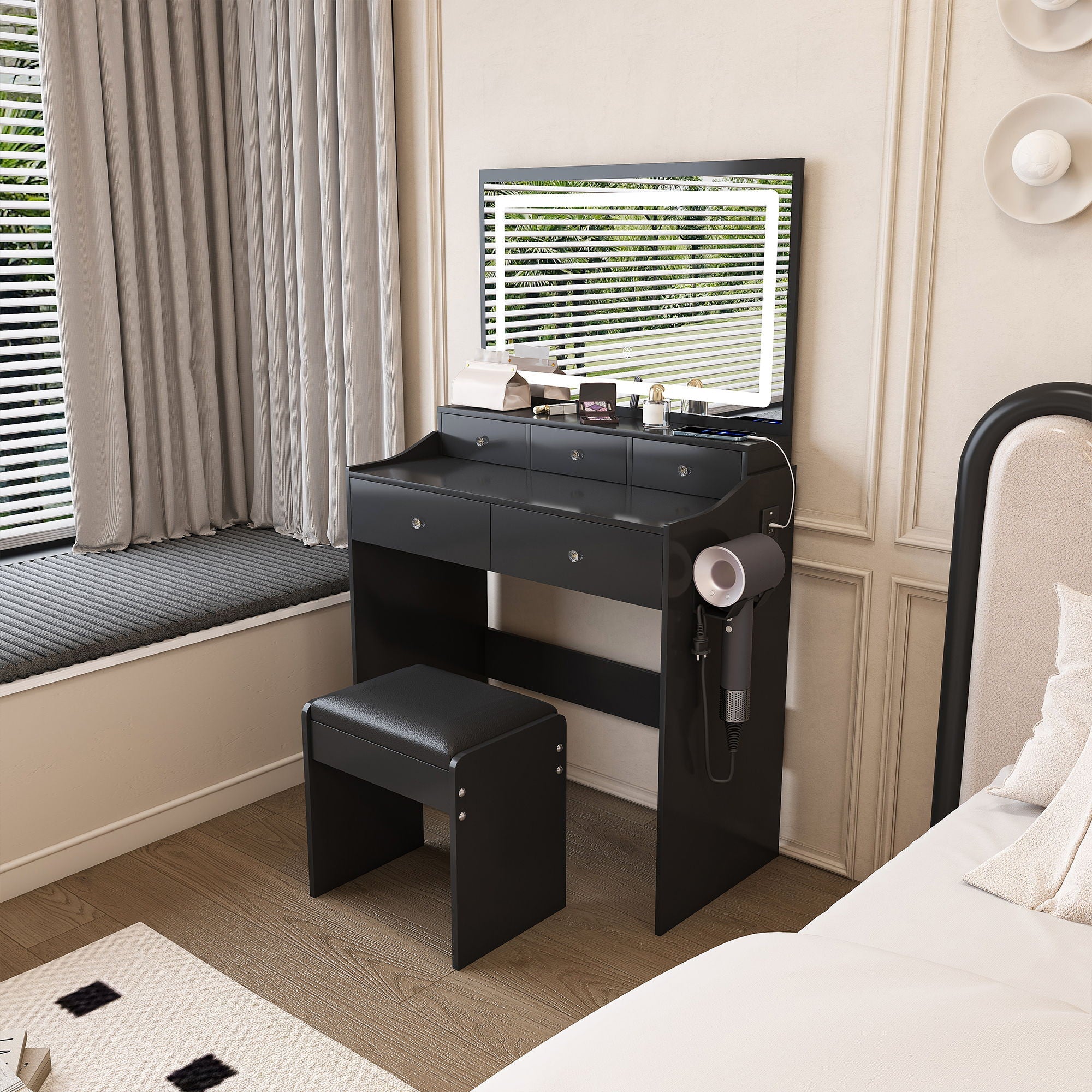 Modern Makeup Vanity Set With Power Outlet, Hair Dryer Holder, And Adjustable Lighting