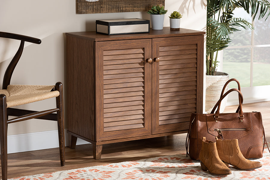 Baxton Studio Coolidge Modern and Contemporary Walnut Finished 4-Shelf Wood Shoe Storage Cabinet