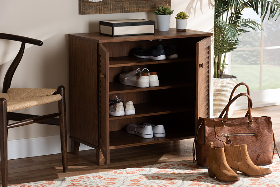 Baxton Studio Coolidge Modern and Contemporary Walnut Finished 4-Shelf Wood Shoe Storage Cabinet