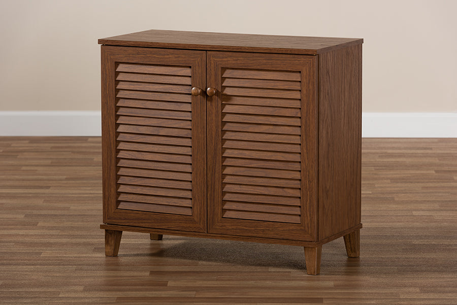 Baxton Studio Coolidge Modern and Contemporary Walnut Finished 4-Shelf Wood Shoe Storage Cabinet