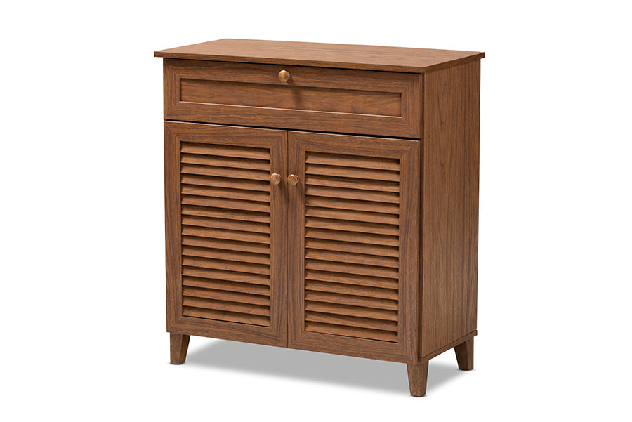 Baxton Studio Coolidge Modern and Contemporary Walnut Finished 4-Shelf Wood Shoe Storage Cabinet with Drawer
