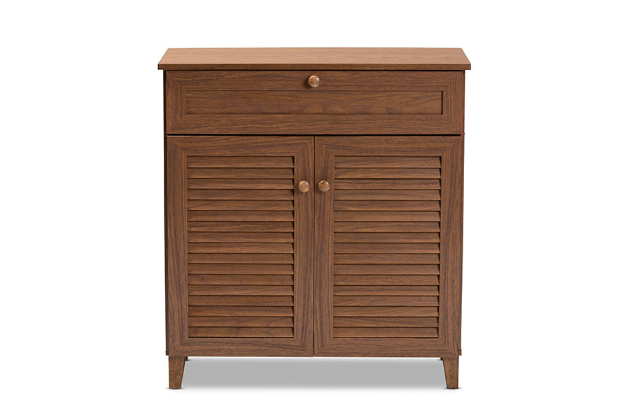 Baxton Studio Coolidge Modern and Contemporary Walnut Finished 4-Shelf Wood Shoe Storage Cabinet with Drawer