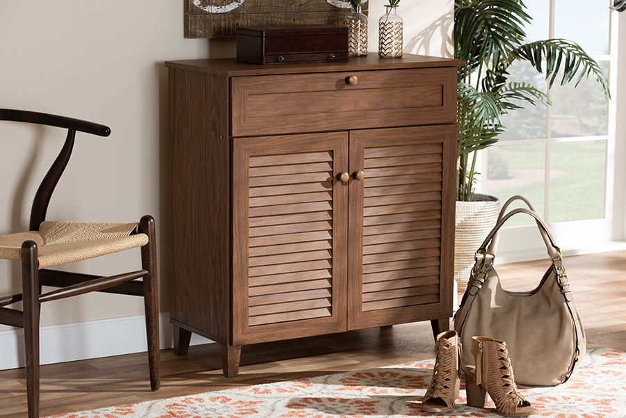 Baxton Studio Coolidge Modern and Contemporary Walnut Finished 4-Shelf Wood Shoe Storage Cabinet with Drawer