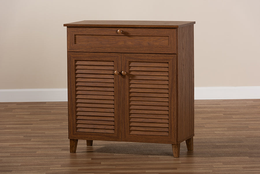 Baxton Studio Coolidge Modern and Contemporary Walnut Finished 4-Shelf Wood Shoe Storage Cabinet with Drawer
