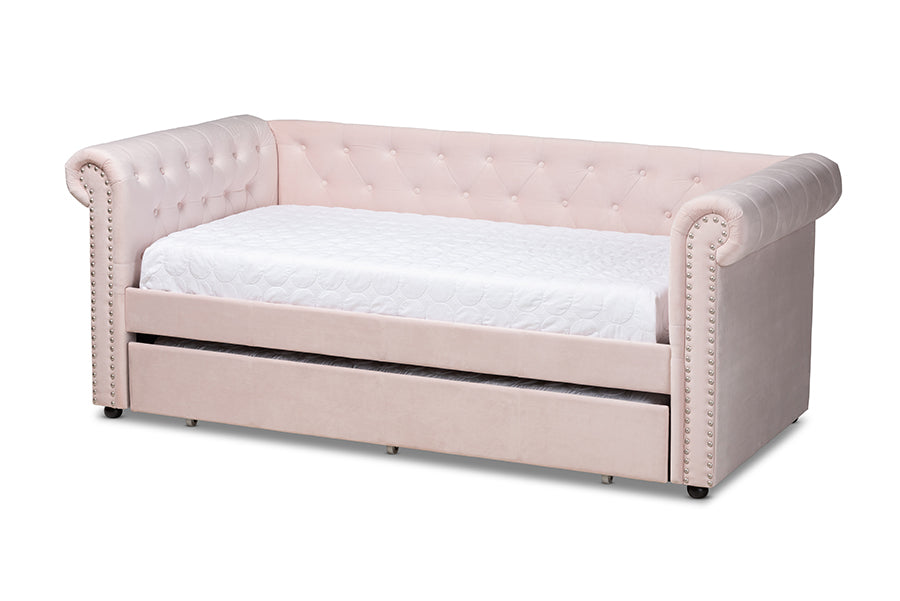 Baxton Studio Mabelle Modern and Contemporary Light Pink Velvet Upholstered Daybed with Trundle
