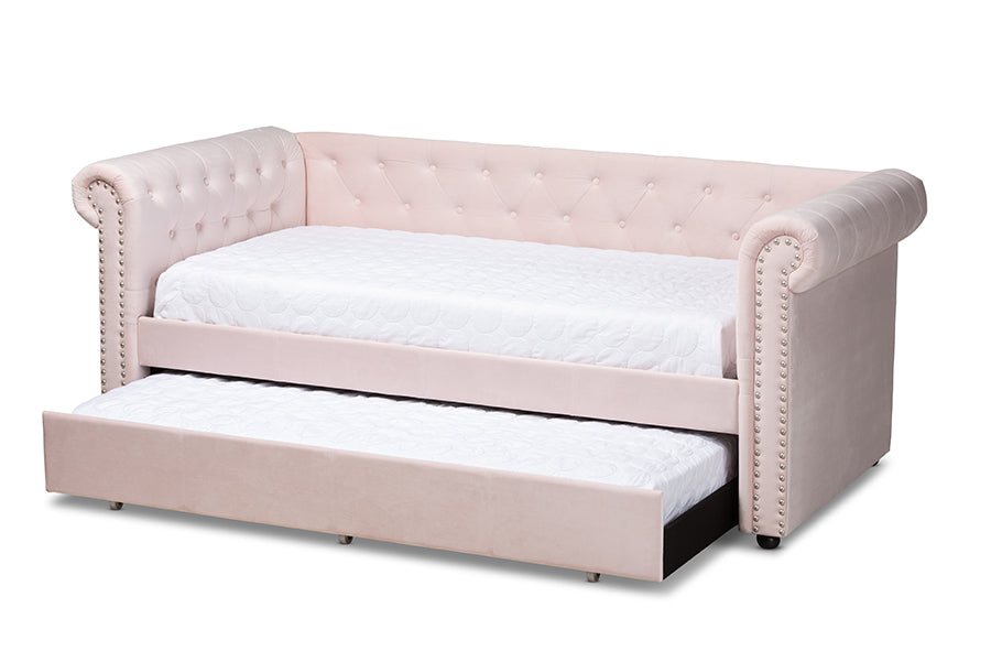 Baxton Studio Mabelle Modern and Contemporary Light Pink Velvet Upholstered Daybed with Trundle