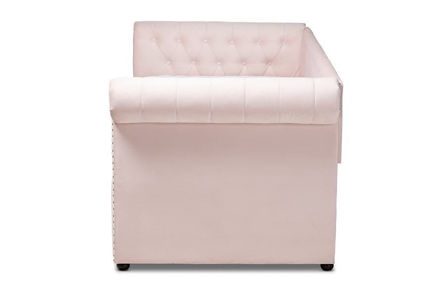 Baxton Studio Mabelle Modern and Contemporary Light Pink Velvet Upholstered Daybed with Trundle