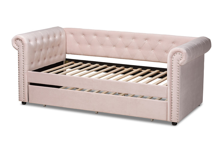 Baxton Studio Mabelle Modern and Contemporary Light Pink Velvet Upholstered Daybed with Trundle