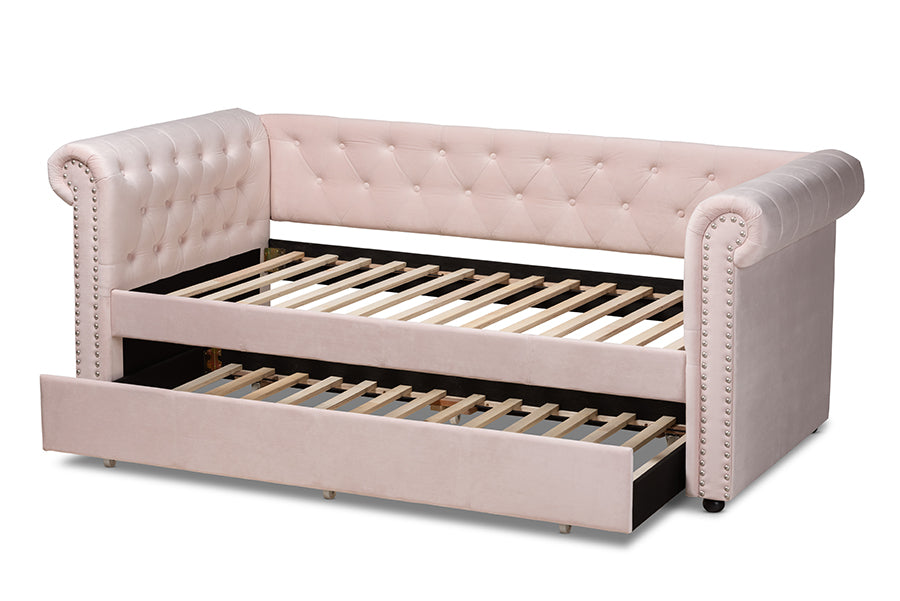 Baxton Studio Mabelle Modern and Contemporary Light Pink Velvet Upholstered Daybed with Trundle