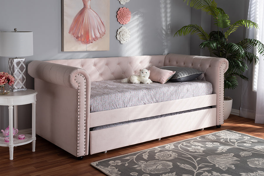 Baxton Studio Mabelle Modern and Contemporary Light Pink Velvet Upholstered Daybed with Trundle