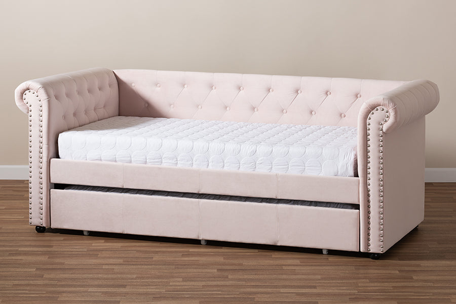 Baxton Studio Mabelle Modern and Contemporary Light Pink Velvet Upholstered Daybed with Trundle