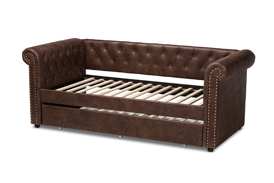 Baxton Studio Mabelle Modern and Contemporary Brown Faux Leather Upholstered Daybed with Trundle