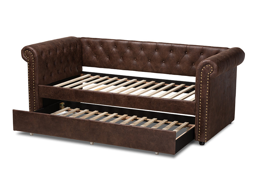 Baxton Studio Mabelle Modern and Contemporary Brown Faux Leather Upholstered Daybed with Trundle