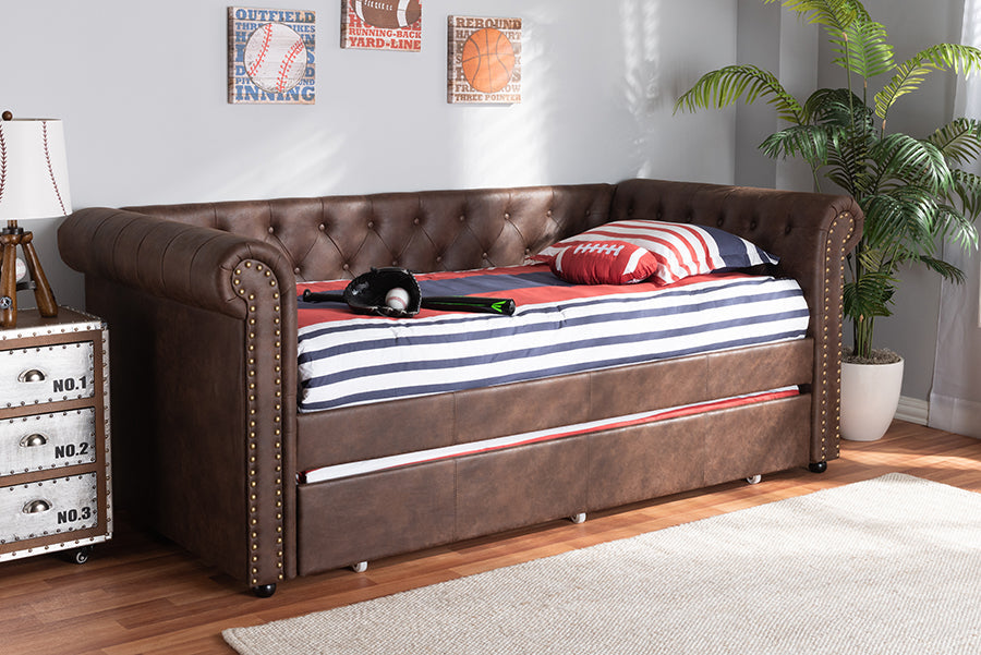 Baxton Studio Mabelle Modern and Contemporary Brown Faux Leather Upholstered Daybed with Trundle