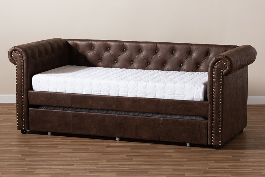 Baxton Studio Mabelle Modern and Contemporary Brown Faux Leather Upholstered Daybed with Trundle