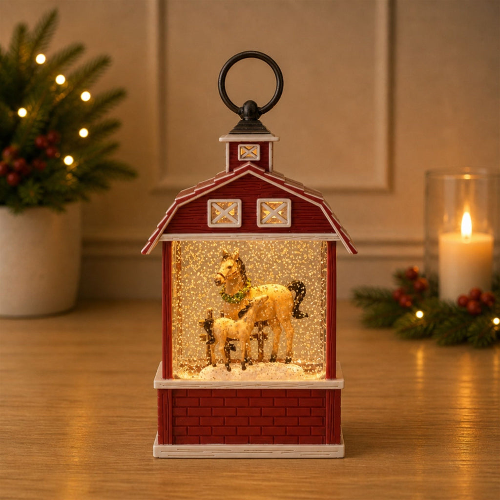 LED Horse Barn Snow Globe 11"H