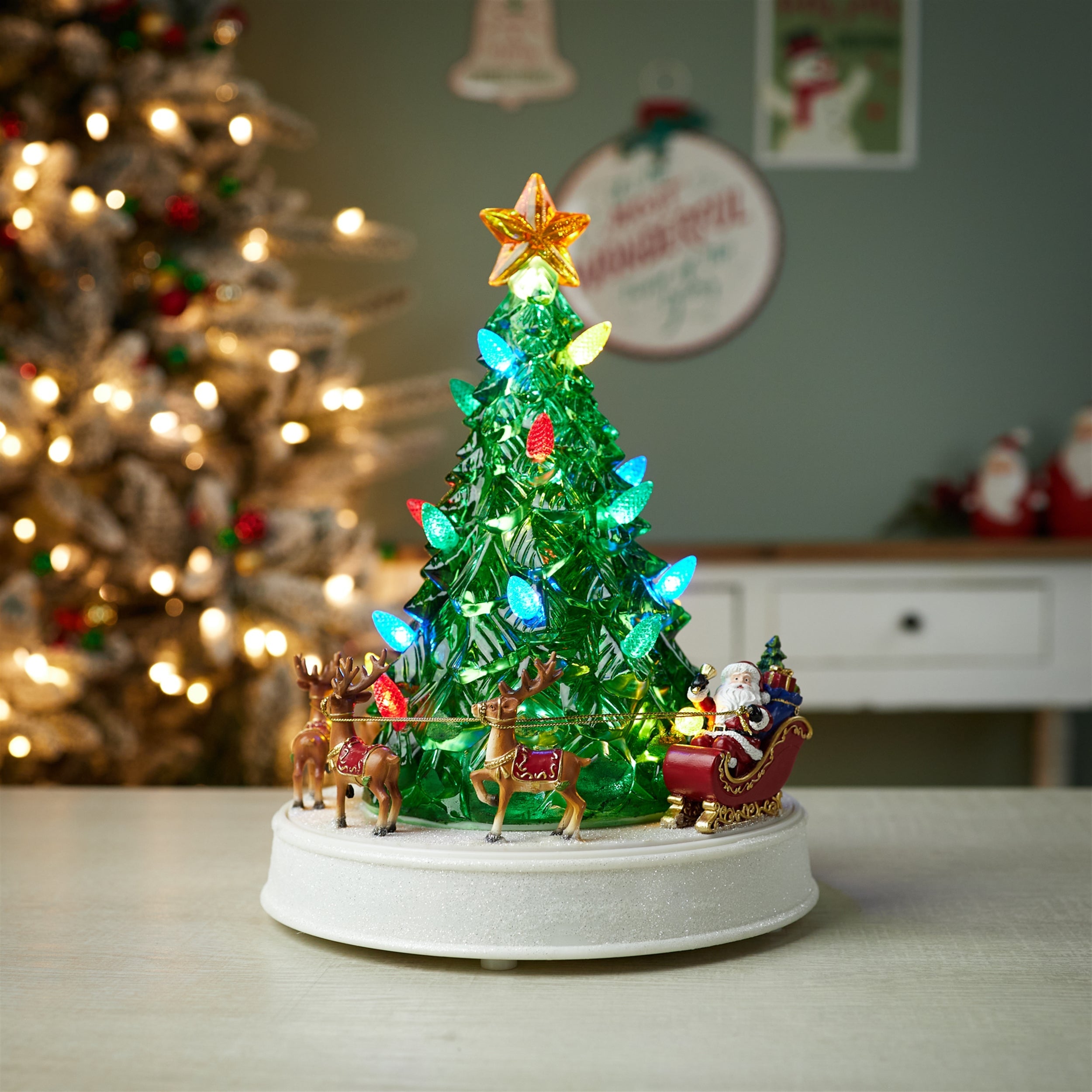 LED Rotating Musical Santa's Sleigh Christmas Tree 11"H